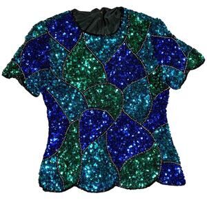 VINTAGE Adrianna Papell Sequin Top Size Small Blue Teal Scallop Hem Short Sleeve